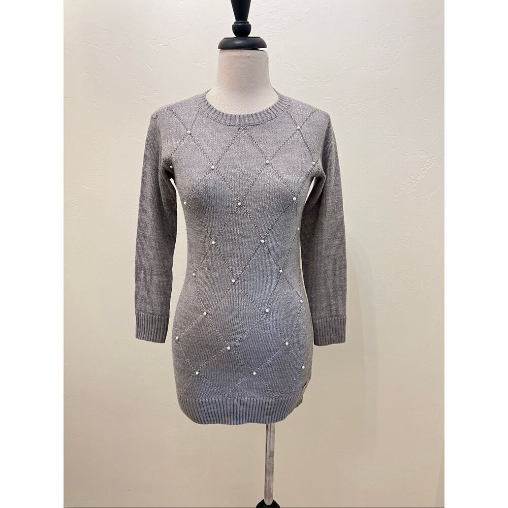 DKNY Women's Diamond Lattice Faux Pearl Knit Tunic Sweater Dress Gray Medium